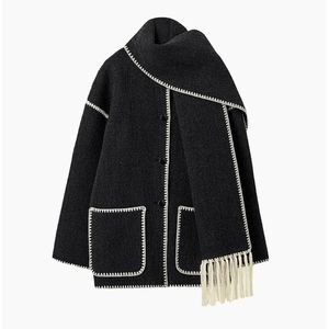 Contrast Trim Jacket With Matching Scarf - Commense